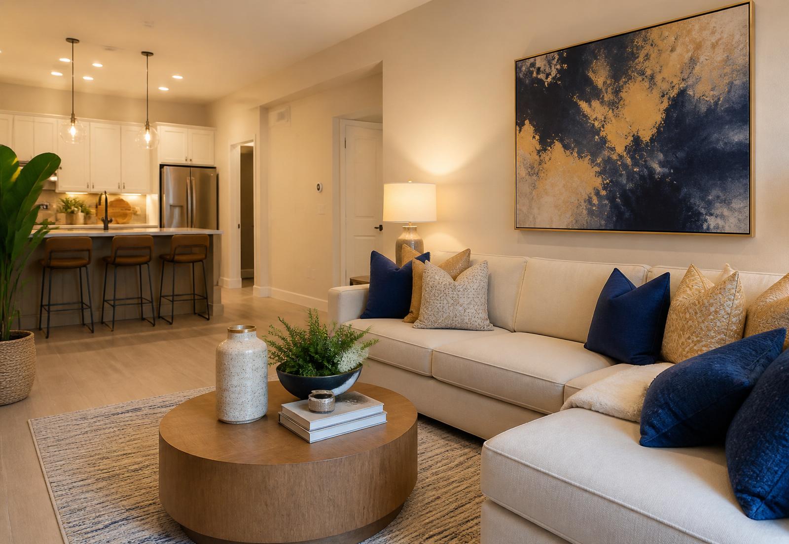 Warmly lit modern shared living room with comfortable seating